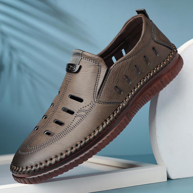 Summer new men's hollowed-out breathable leather sandals hole shoes men's handmade online casual overshoes