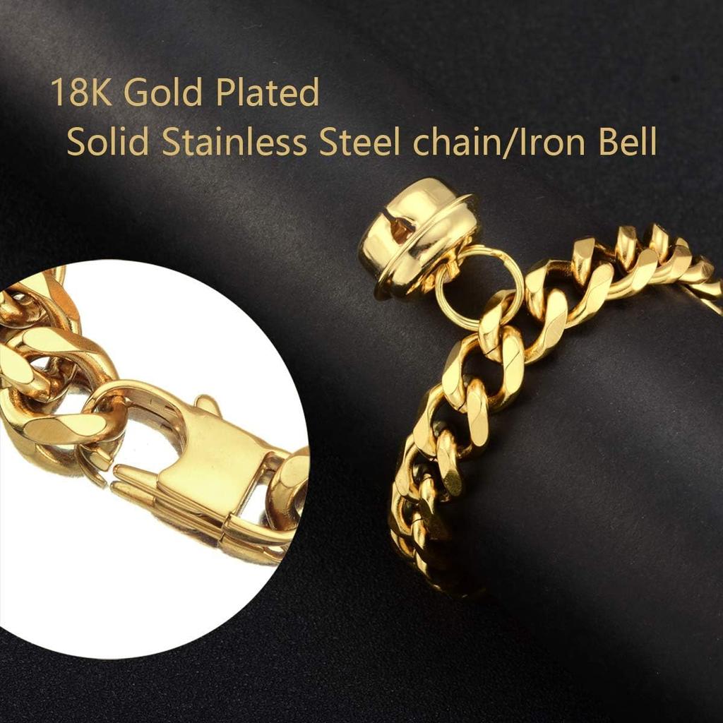 18K Gold Cat Dog Collar Kitten Puppy 1/2inch 12mm Wide Stainless Steel Kitten Choker Curb Chew Proof Cuban Link Chain with Bell (Neck Fit 6"-8")