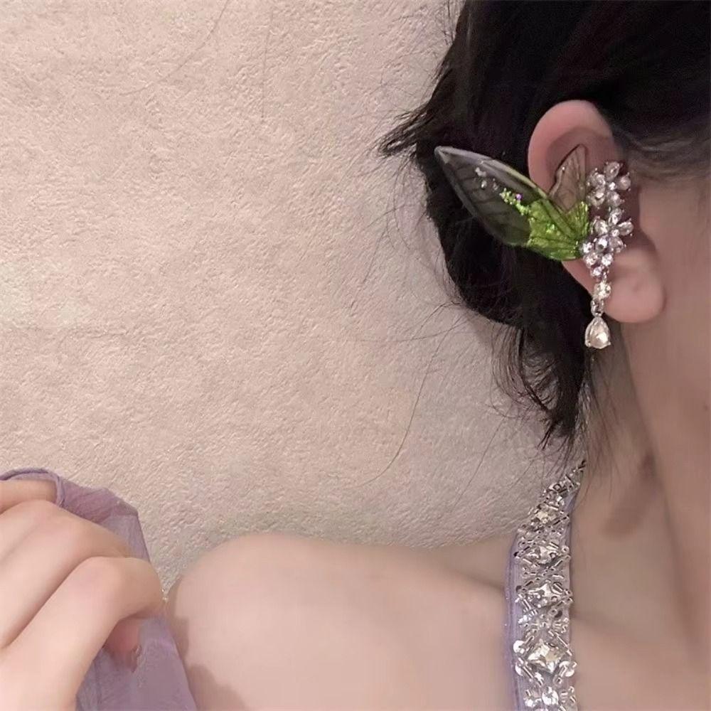 Transparent Green Elf Ear Clip Shiny Wings Ear Clip Unique Butterfly Earrings Cosplay