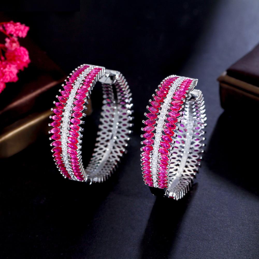 Genuine Marquise Cut Cubic Zirconia Pave Fuchsia Red CZ Big Chunky Round Two Sided Hoop Earrings for Women Luxury Jewelry Gifts