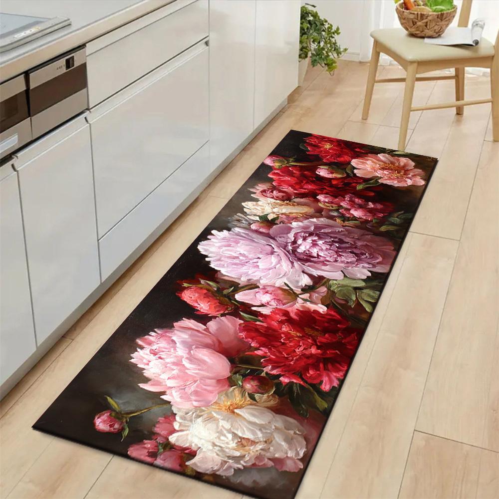 1Pcs Colorful Blooming Peonies Non-Slip Washable Area Rug Runner for Entryway, Living Room, Bedroom & Patio