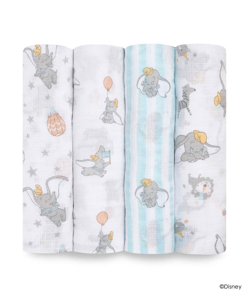 aden + anais essentials 4-piece swaddle set featuring Disney's Dumbo, 112x112cm, made of muslin cotton. Ideal for newborns, soothes crying babies, and