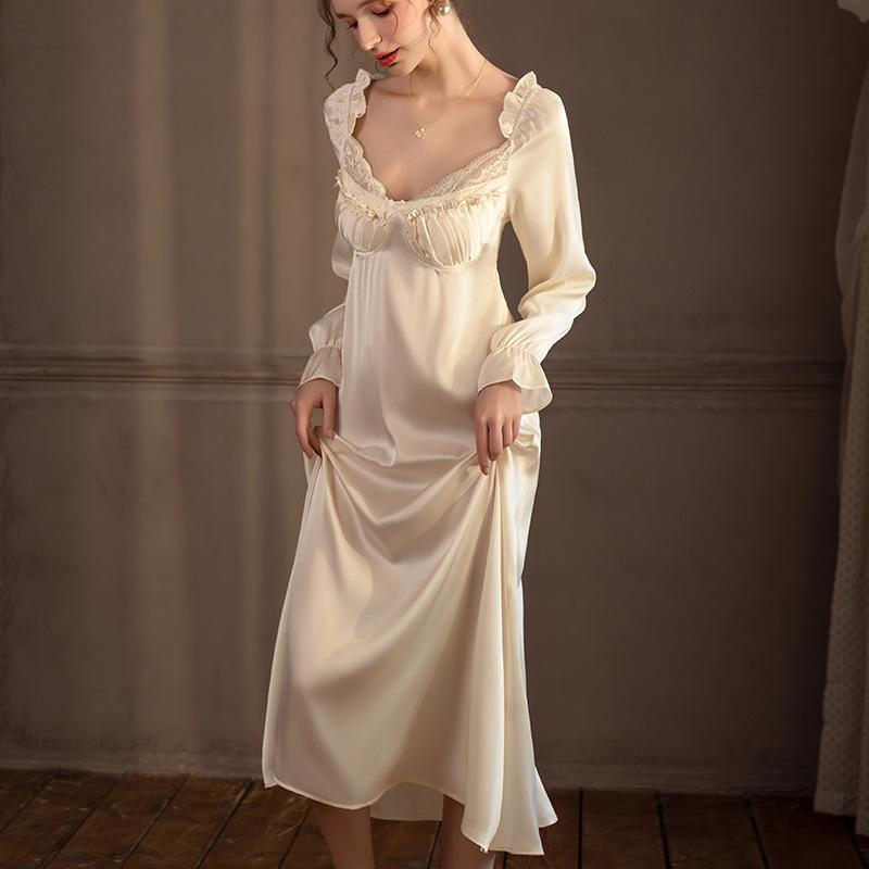 Sexy pajamas women's ice silk French style with chest pad silk long-sleeved princess style nightdress long dress pure loungewear