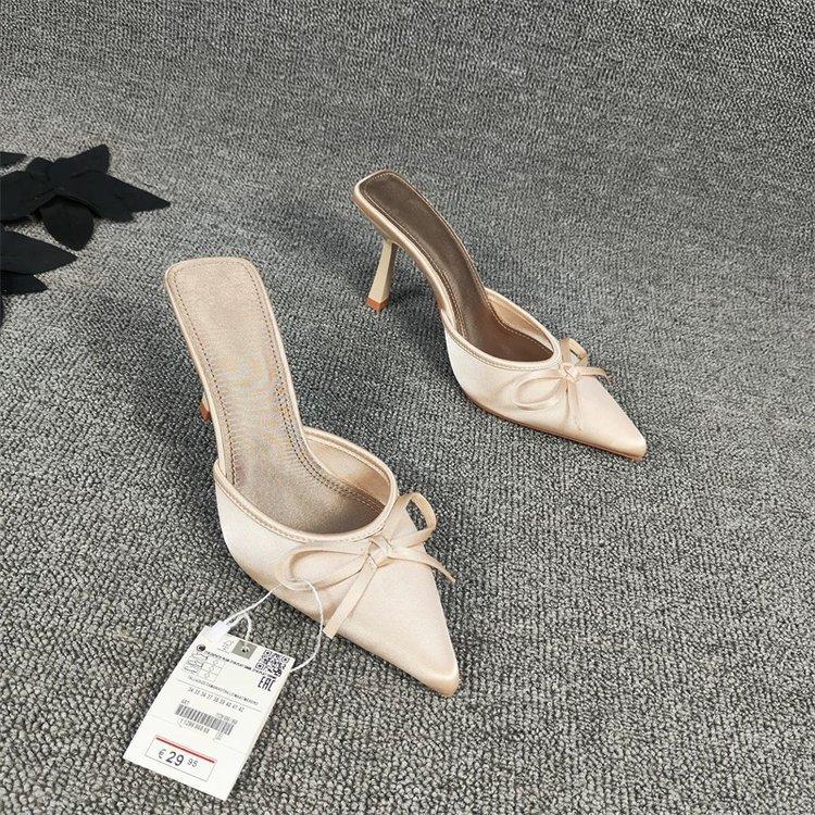 

New Women Baotou Slippers Exquisite Bowknot Decoration Pointed Toe Sandalias Ladies Elegant Party Dress High Heel Sandals 40 білий