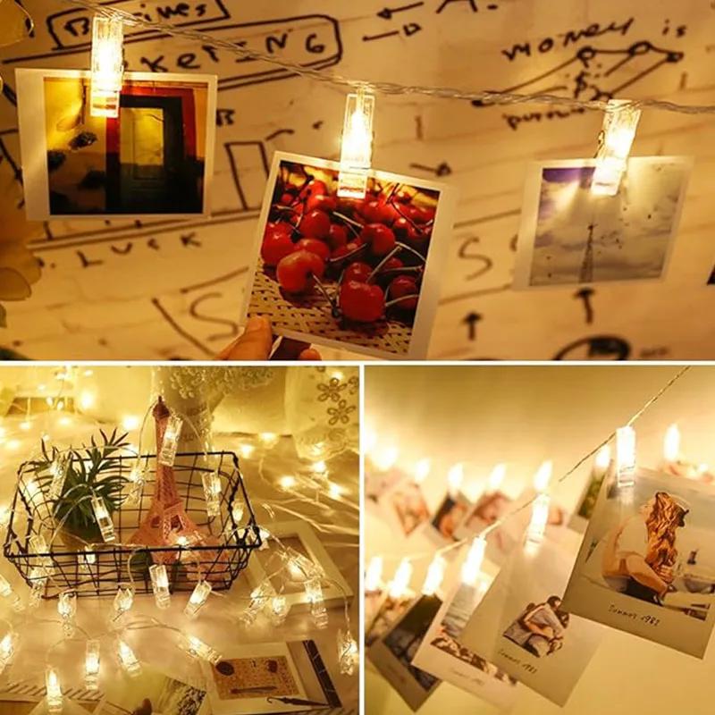 LED String Lights With Photo Clip Battery Powered Fairy Wall Lamp USB Copper Wire Light For Indoor Wedding Party Christmas Decor