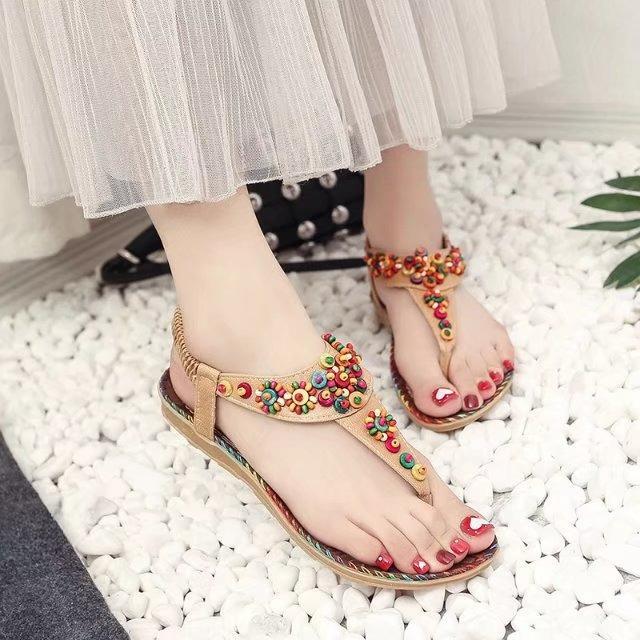 Flat Sandals Women's Summer Bohemian Clip-on Flat Sandals Women's Beaded Beach Shoes Women