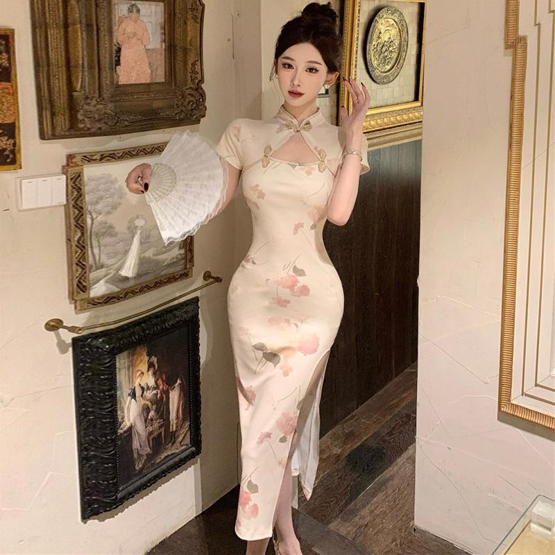 

Женское улучшенное платье в национальном стиле в стиле ретро с разрезами, облегающее и тонкое XL абрикосовый