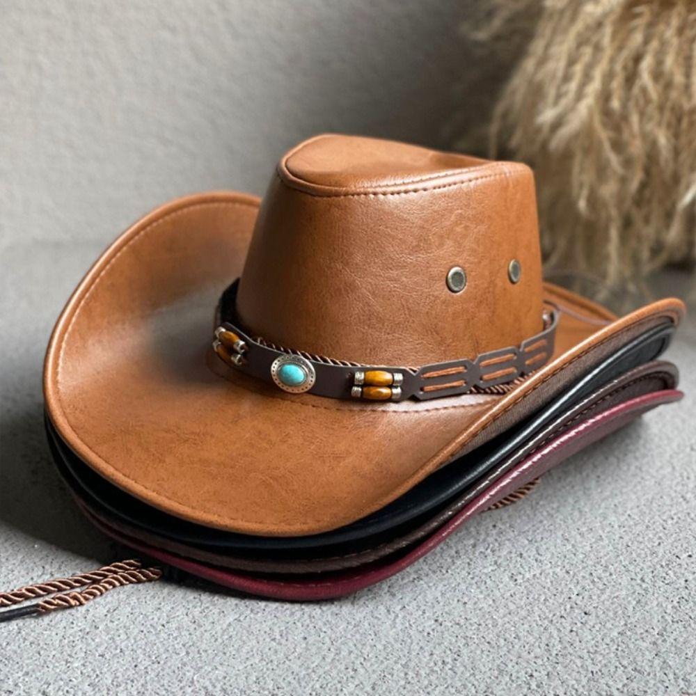Solid Color Western Cowboy Hats Faux Leather Jazz Cap Casual Cowgirl Cap  Unisex