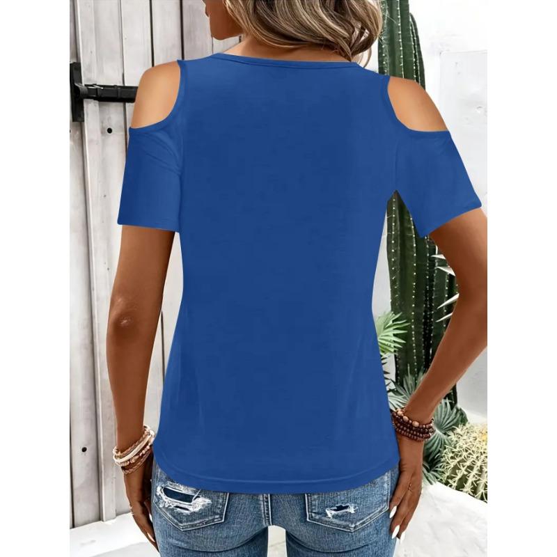 Off Shoulder Summer Short Sleeved T-shirt for Women Solid Color Loose Tops Cross V-neck Elegant Loose Shirt Ladies Fashion Casual Simple Clothing