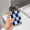Lucky Start Phone Case For iPhone 17 16 15 14 13 12 11 Pro Max 16E Gold Electroplated Glass Shell  Blue Checkers Cover