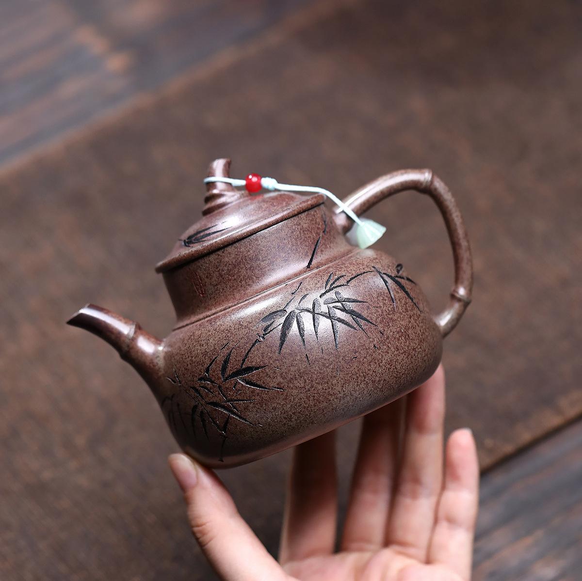 

270ml Yixing Purple Clay Teapots Handmade Bamboo Shadows Pot Raw Ore Wood-fired Porcelain Mud Tea Making Kettle Zisha Tea Set