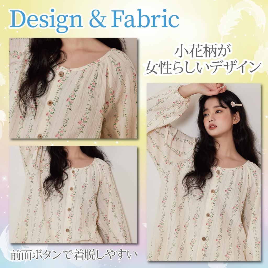 RAVIR Cotton Double Gauze Long Round Floral Ivory and Size M Women's 100% Pajamas, Sleeves, Neck, Print, Girly, Pink,