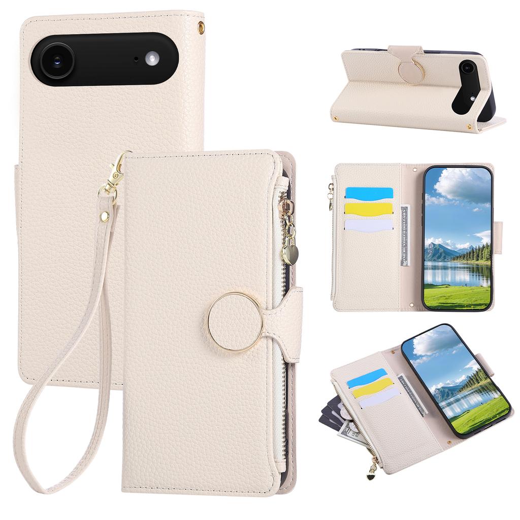 For iPhone 17 Air Case Zipper Wallet Leather Phone Cover with Wrist Strap