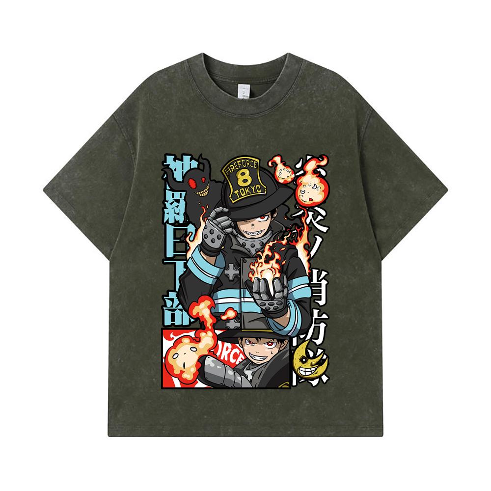 

275 GSM Washed T-shirts 100% Cotton Fire Force V2 Print Unisex Heavy Cotton T Shirt S армия зеленый