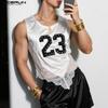 INCERUN Men O Neck Sleeveless Letter Print Lace Patchwork Cropped Irregular Tank Tops