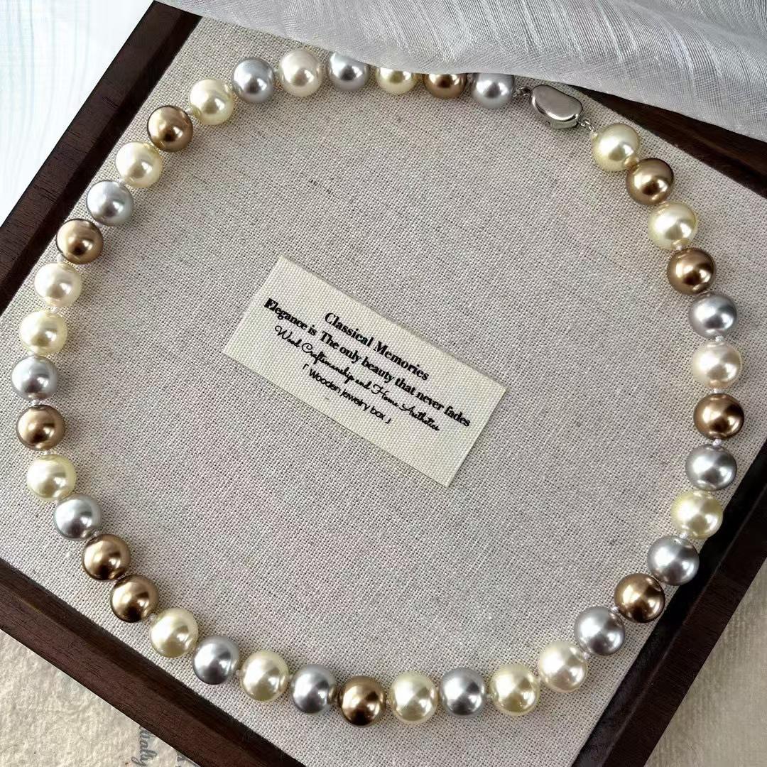 10Mm Vintage High Quality High Gloss Maillard Warm Gold Coffee Faux Pearl Necklace Sweater Chain