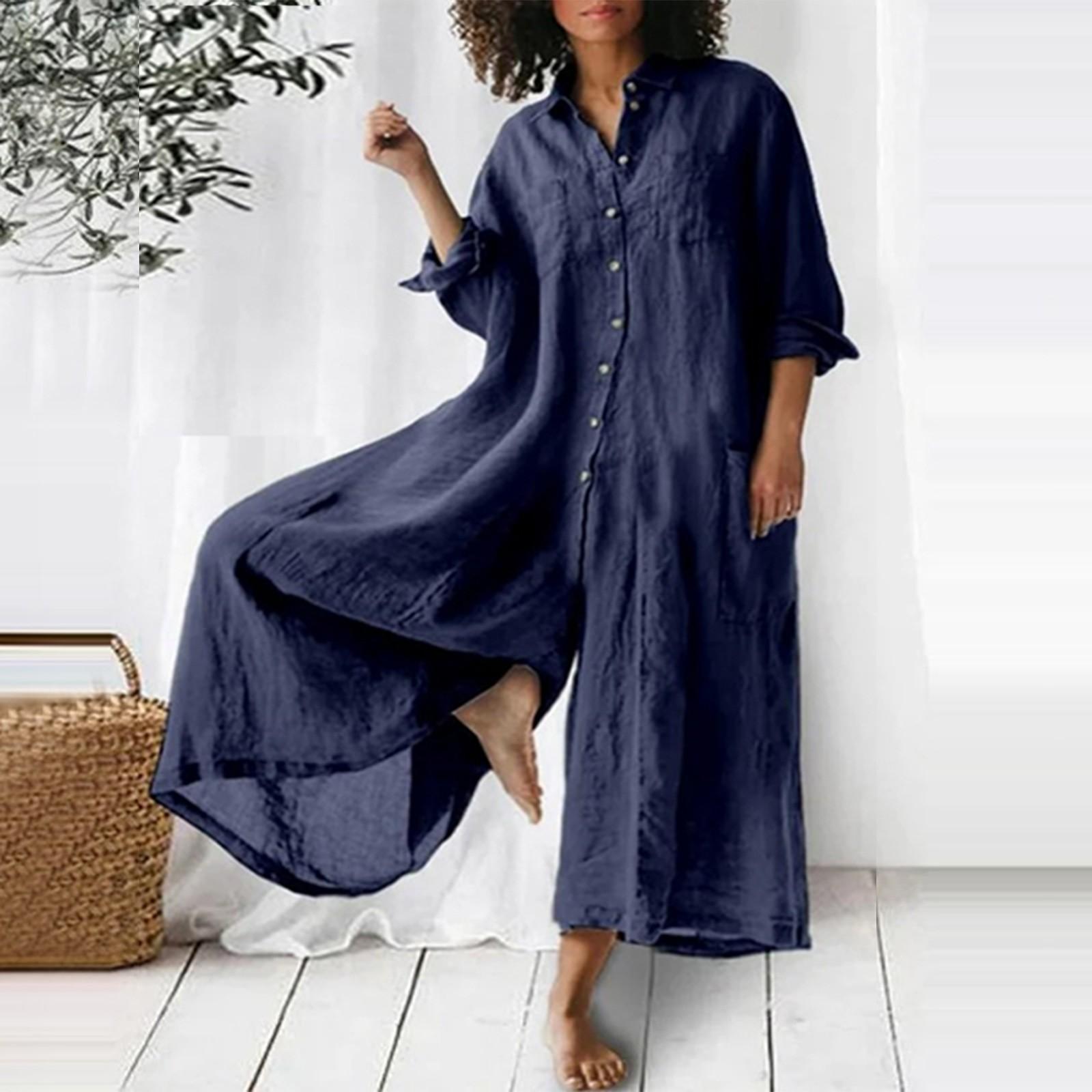 

Женский модный свободный повседневный однотонный комбинезон с рукавами 3/4 и v-образным вырезом на пуговицах XL тёмно-синий