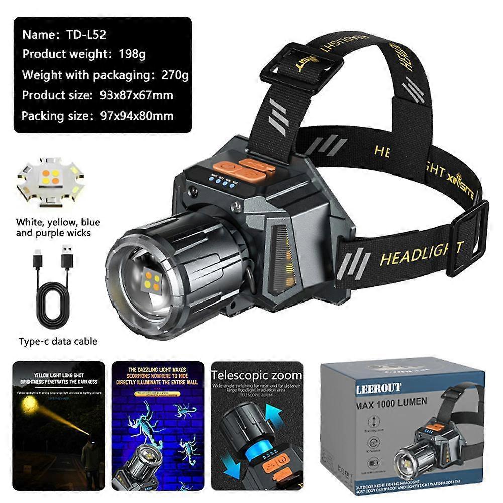 Outdoor Strong Headlamp Head Lighting Lamp Telescopic Zoom Intelligent Wave Induction Multi-Functional Waterproof Rechargeable
