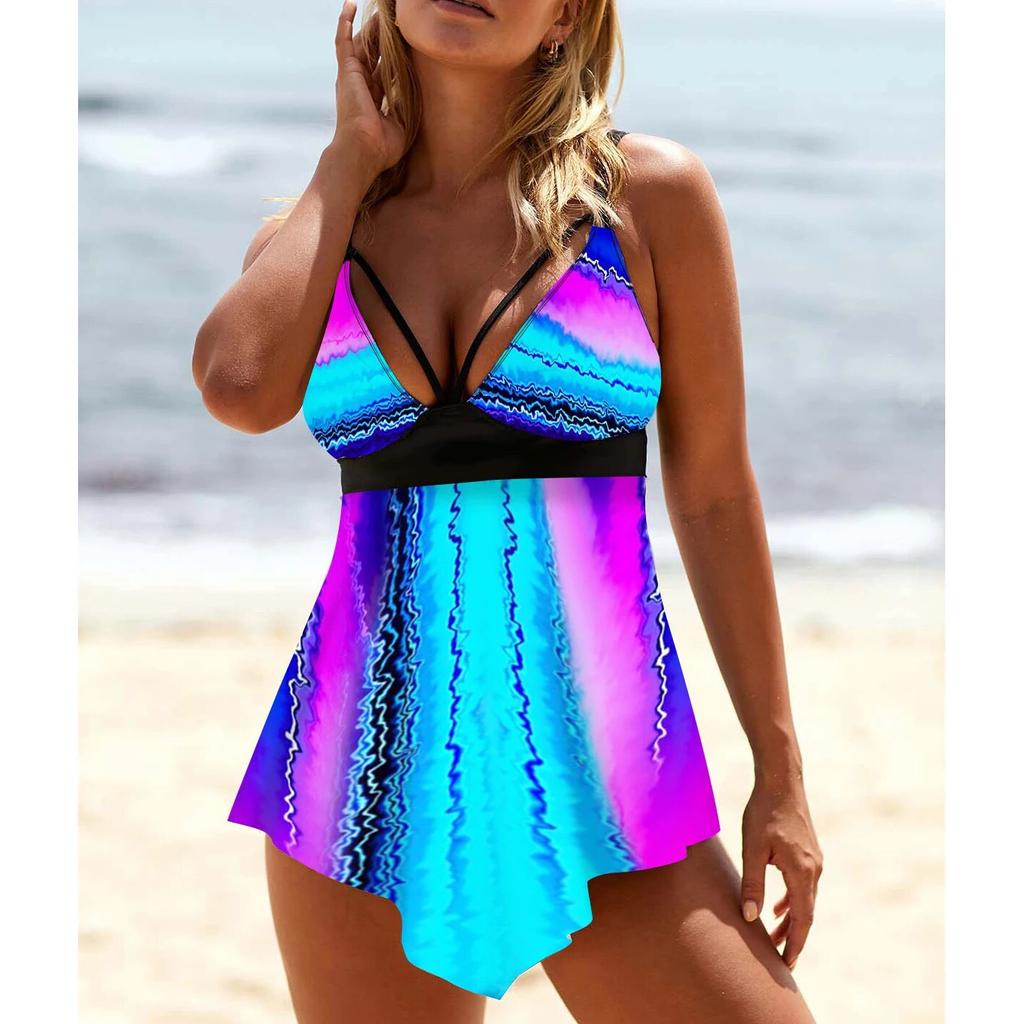 2024 New Summer Women Retro 3D Print Beachwear Swimsuit Female Backless Sling Bathing Suit Female High Waist Two Piece Tankini