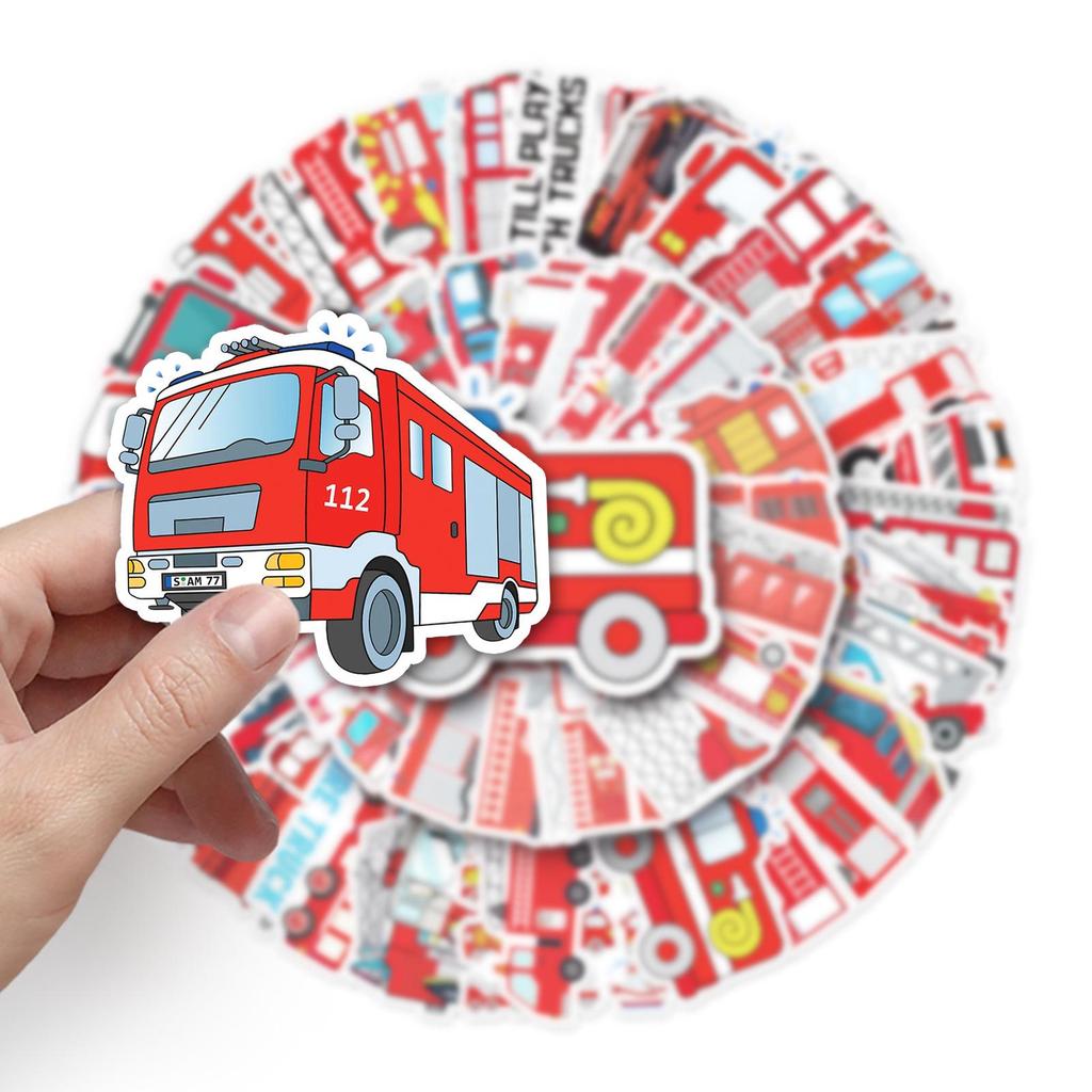 50 Fire Truck Graffiti Stickers - Cartoon, Waterproof, DIY for Children's Journals, Skateboards, & Luggage