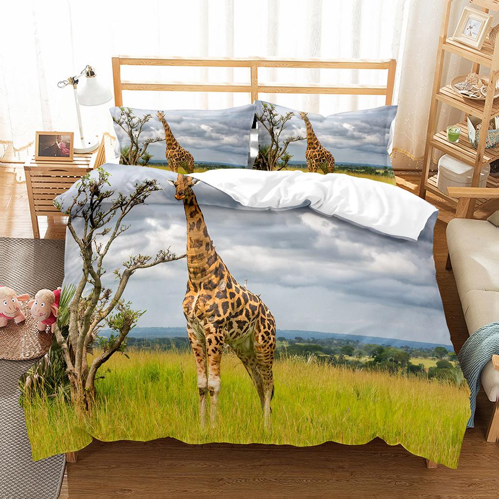 Farbenfrohe Giraffe Bettbezug-Set Niedliches Wildtiermuster Polyester Bettdeckenbezug Einzel-Doppelgröße für Kinder Bettwäsche-Set