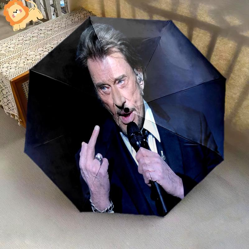 1pc Johnny Hallyday Pattern Umbrella Portable Folding Umbrella Iron Frame Hole Bone Structure Outdoor Home Umbrella