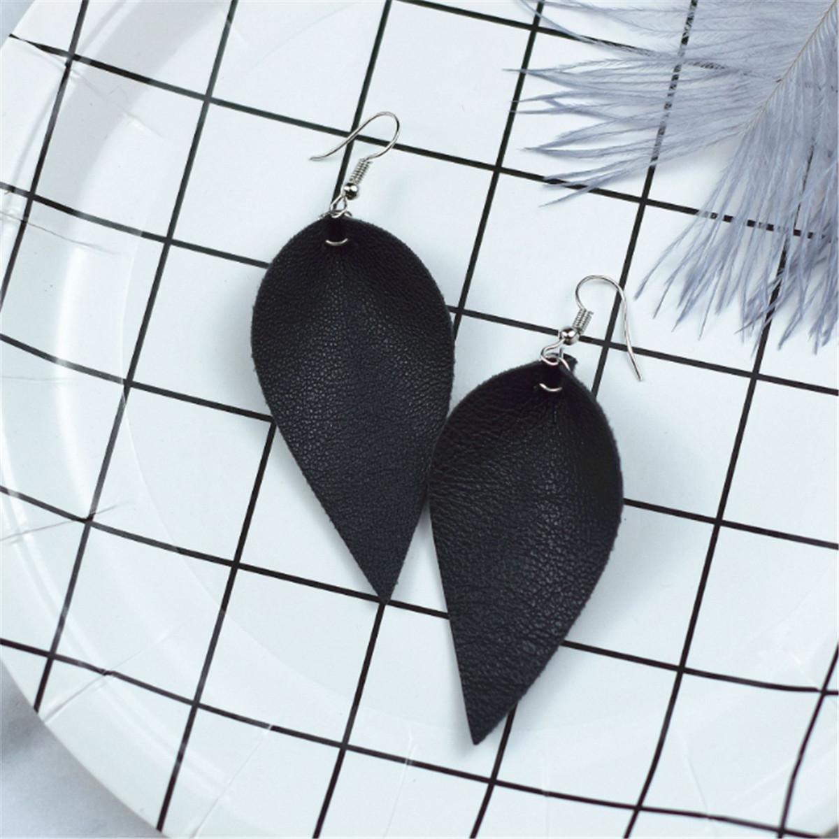 Fashion Boho Handmade Leather Leaf Shape Waterdrop Dangle Ear Earrings Hook Womens Jewelry чёрный
