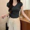 Short-sleeved t-shirt women's summer new design sense niche ice silk front shoulder pleats V-neck exposed collarbone chic top