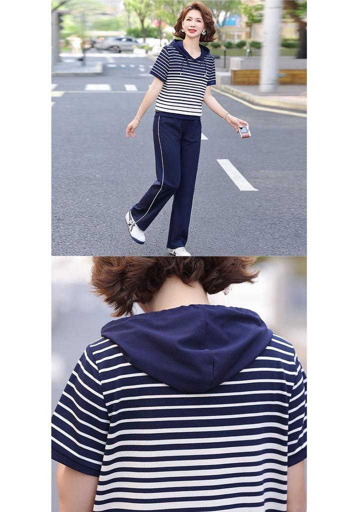 Stylish Summer Sportswear Set for Middle-aged Women - Ice Silk Short-sleeve Top & T-shirt Combo