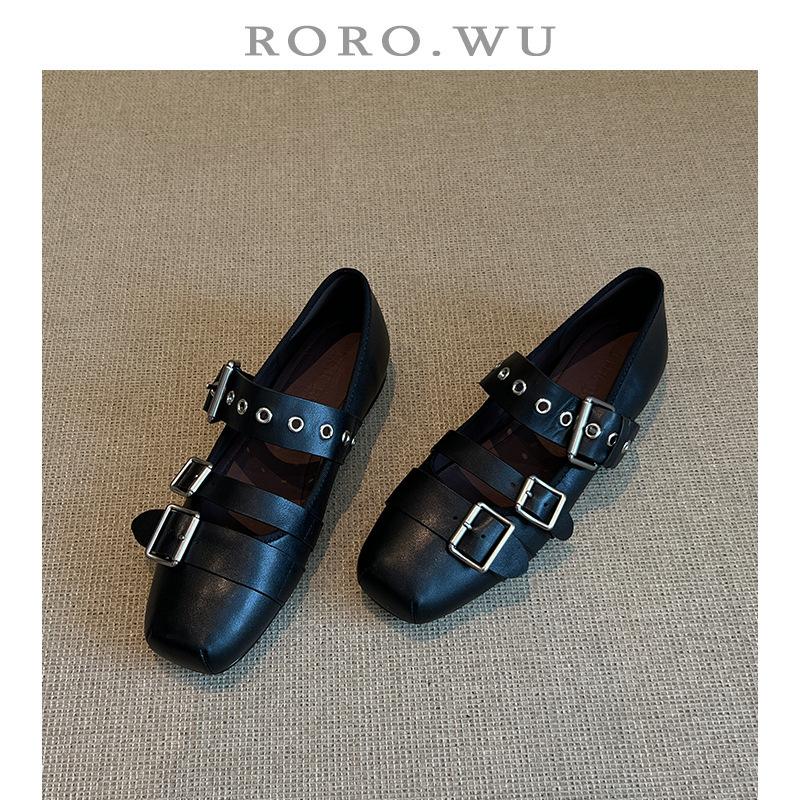 Cowhide Version~ Leather Single Shoes Square Head One-word Buckle Mary Jane Shoes Women's Shallow Jk Shoes Ballet Flats