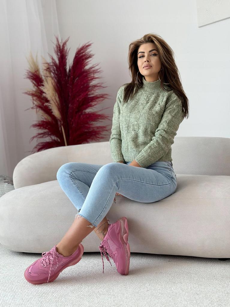 Fashionable Warm Women' Sweater, Short Crop, Turtleneck, Green Braids