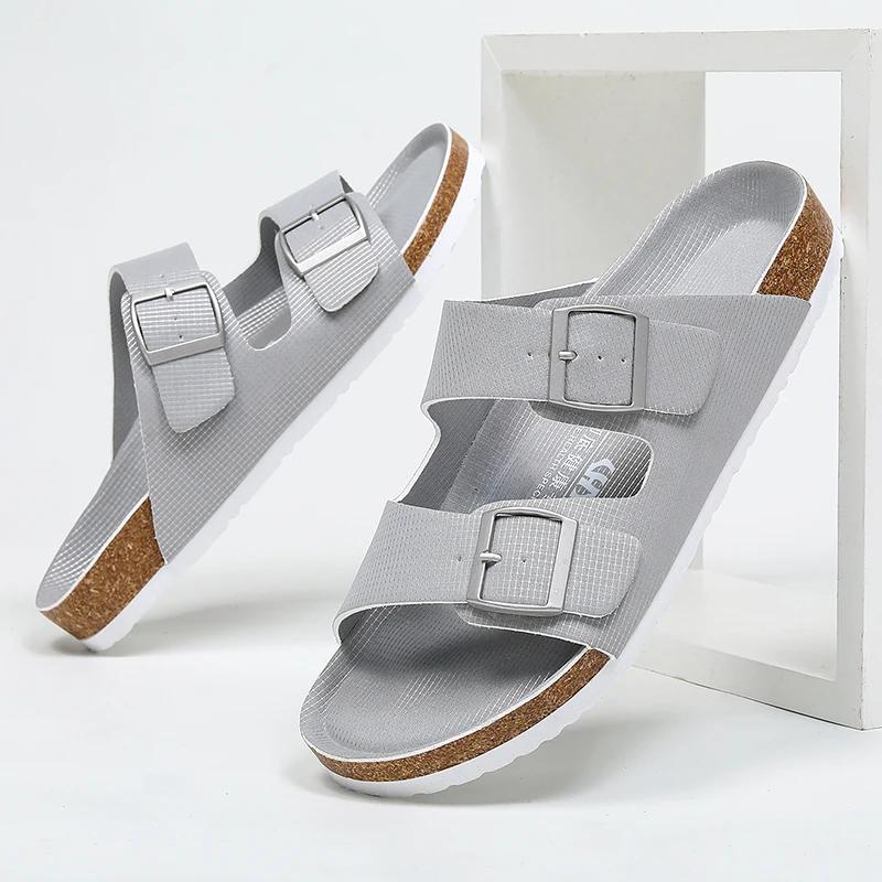 Fashion Thick Sole Men Cork Slippers Summer Casual Double Buckle Non-slip Clogs Slides Slip On Men Leather Beach Vacation Comfort Shoes