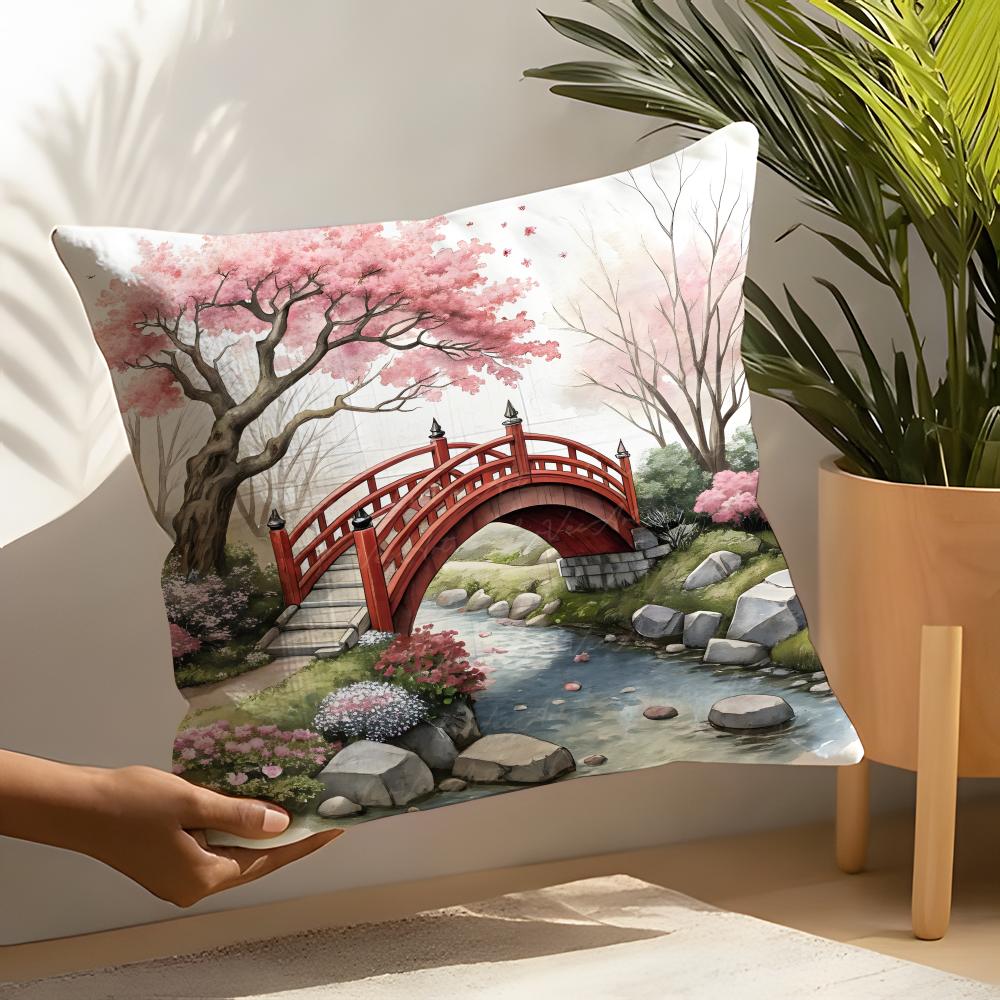 Retro Japanese Pagoda Landscape 1 Pillow Case Linen Cushion Covers For Decorative Sofa Home Pillows Case Car Chair Pillows Cases