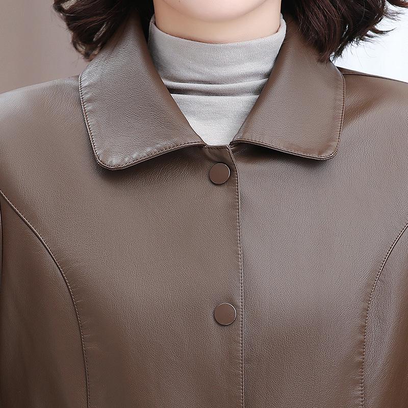 Trench-coat mi-long en cuir PU style coréen pour maman: Minceur, Haut de Gamme, Mode Décontractée pour le Printemps et l'Automne.