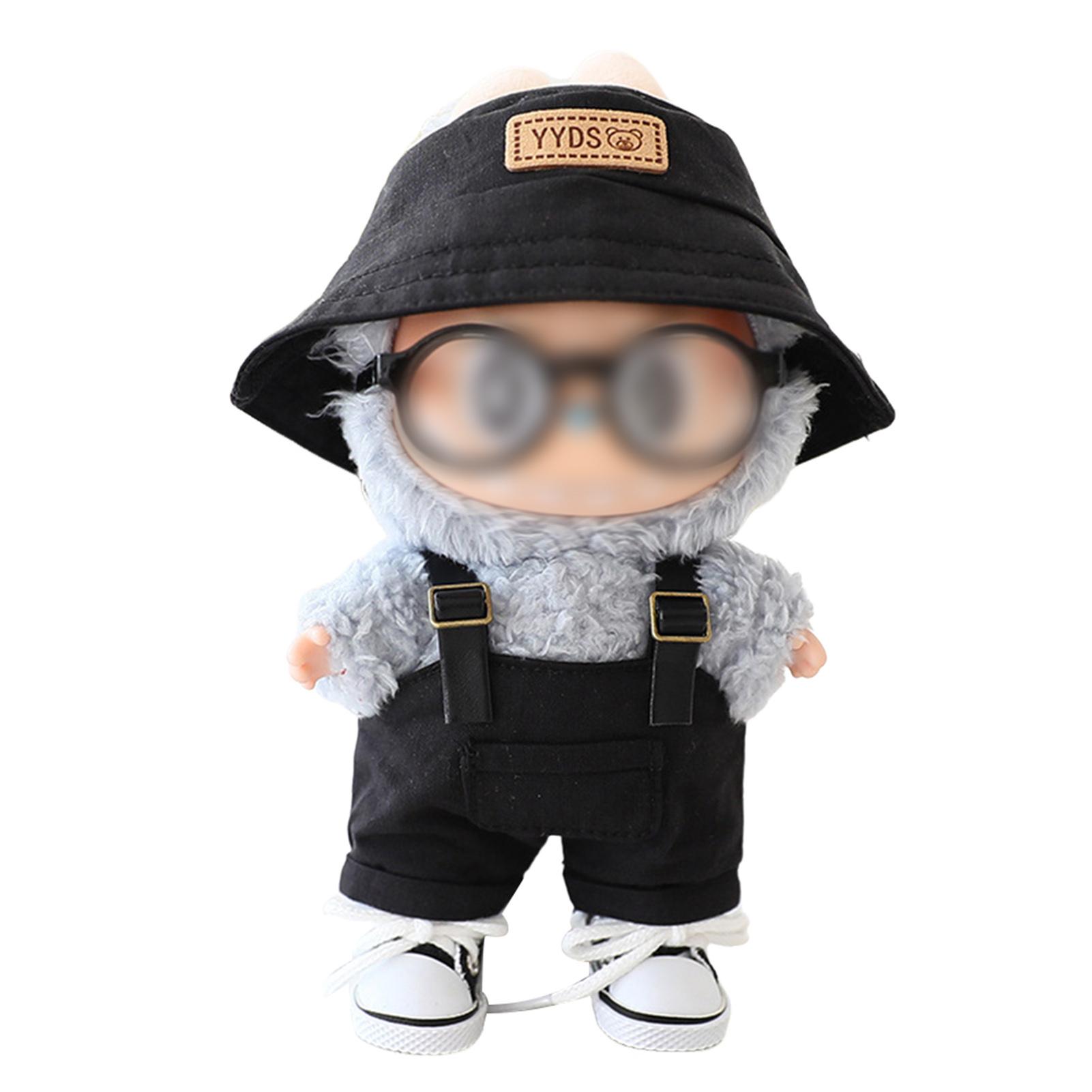 

Stylish Cute Clothes Set for Doll with Bucket Hat Overalls Glasses Shoes Set for Plush Doll Dress-Up Costumes As Shown чёрный