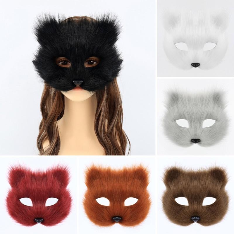 Plush Animal Cats Face Mask Furry Animal Half Face Mask for Men Women Masquerade Halloween Cosplay Costume Accessory