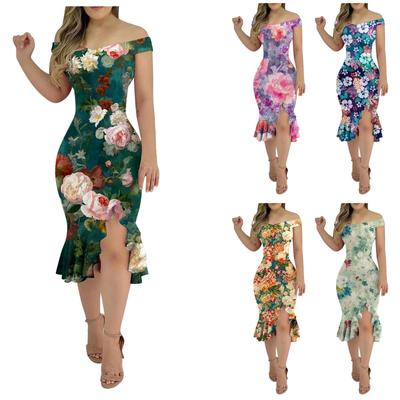 Women's Sexy Loose Plain Off Shoulder Open Back Slit Ruffle Back Zipper Midi Dress Party Dress Cocktail Dresses