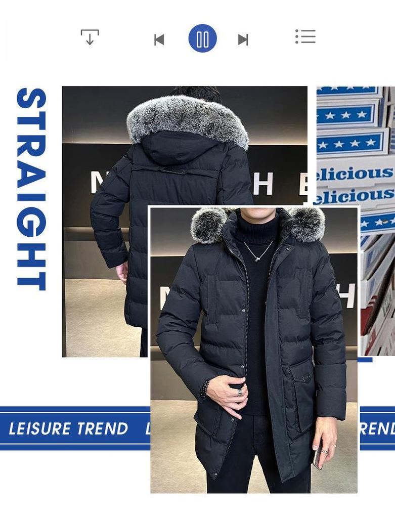 Men's Plus Size Casual Mid-Length Cotton Jacket with Fur Collar Hooded, Thickened for Warmth, High Quality