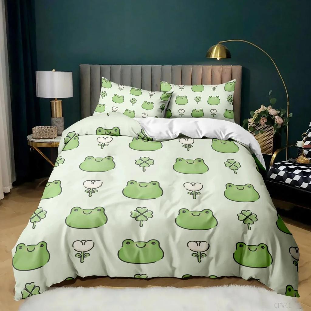 Cartoon Frog Duvet Cover Set Light Green Cartoon Frogs Cute Dragonfly Animal Bedding Set for Boy Twin Size Polyester Quilt Cover
