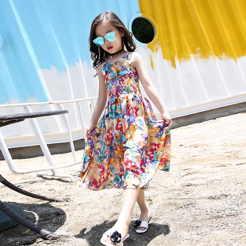 Girls' Suspender Skirt, Summer Clothes, Cotton, Western Style, Children, Big Children, Floral Wide-leg One-piece Dress