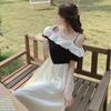 Sweet One-word Shoulder Short-sleeved Dress Female Summer French Socialite Temperament Gentle Wind Waist Fairy Medium and Long Skirt