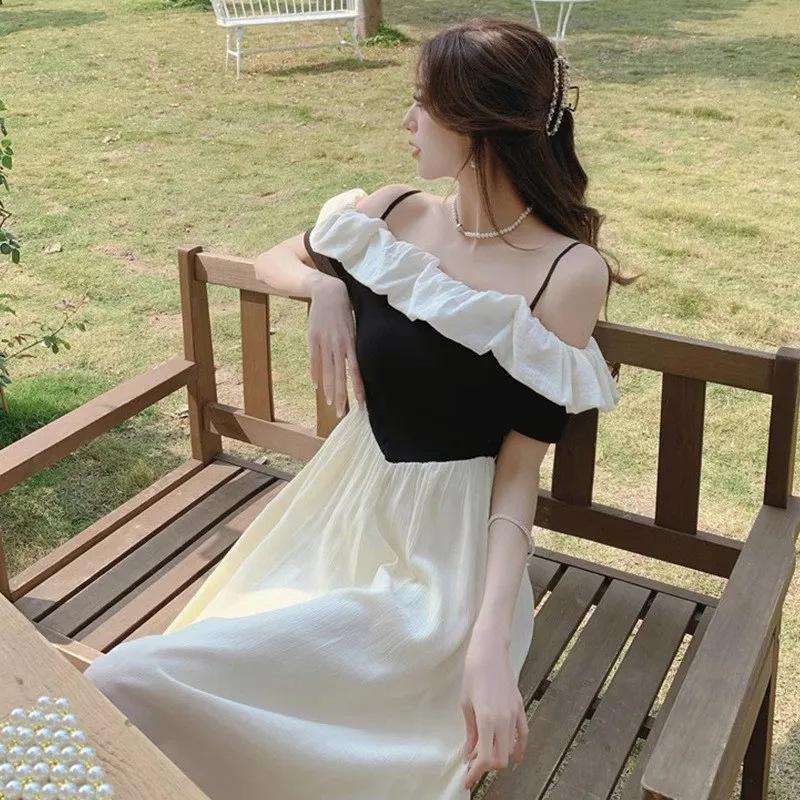Sweet One-word Shoulder Short-sleeved Dress Female Summer French Socialite Temperament Gentle Wind Waist Fairy Medium and Long Skirt