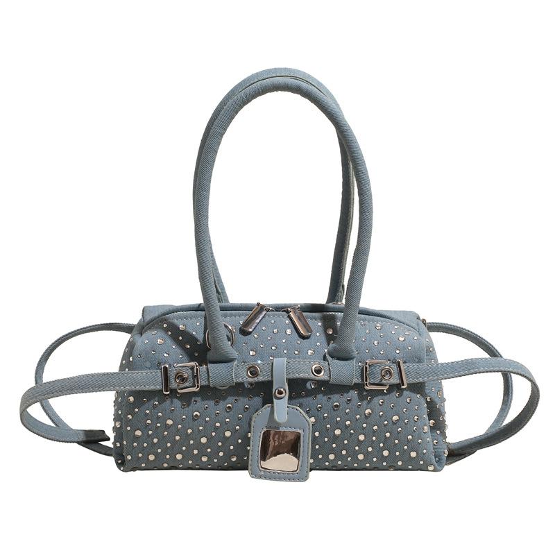 2025 Spring and Summer New Women's Bag Fashion Rivet Handbag Large Capacity Shoulder Crossbody Versatile Denim Tote Bag