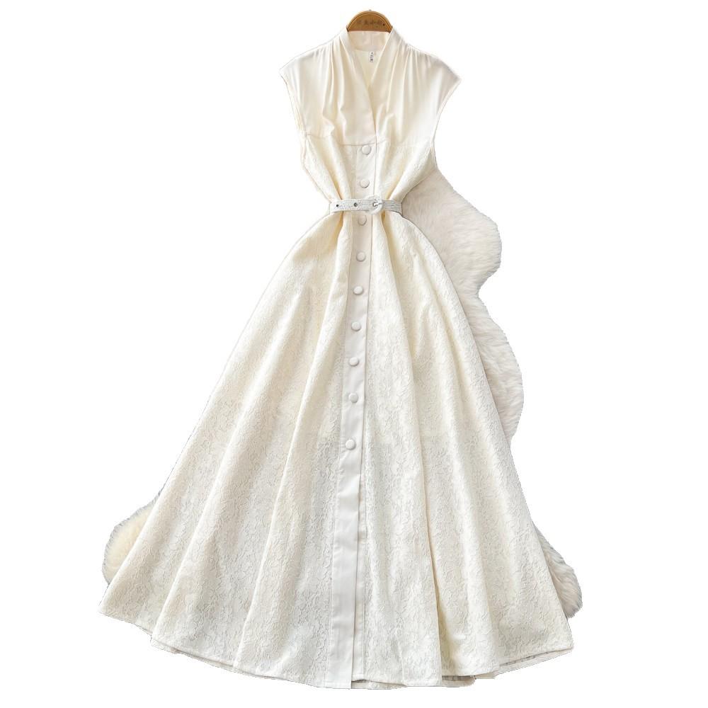 French elegant style sleeveless single-breasted dress women's summer new waist and thin long dress commuter temperament