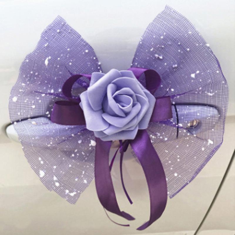 Wedding Car Door Handle Flowers DIY Artificial Cars Rearview Mirror Bouquet Flower Bowknot Ribbon Decors Automotive Accessories