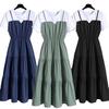 Fashion Strap Fake Two Piece Dress Block Summer Short Sleeved Dress Women's Waist Tight Dress