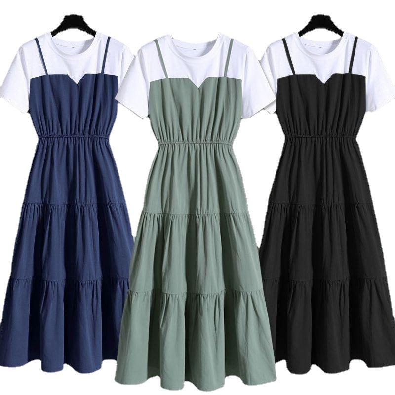 Fashion Strap Fake Two Piece Dress Block Summer Short Sleeved Dress Women's Waist Tight Dress