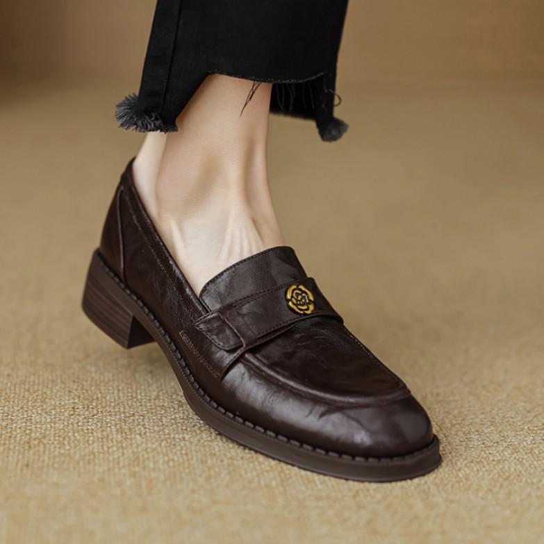 Cowhide Version~ Camellia Platform Loafers Women's Black Round Head Single Shoes Soft Sole One Pedal British Style Small Leather Shoes