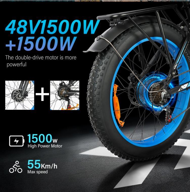 2026 E-Bike BLJ DP-2603 3000W Dualmotor 52V 32AH Batterie, Stoßdämpfung vorne und hinten, 26-Zoll-Winterreifen, E-Bike für Erwachsene.