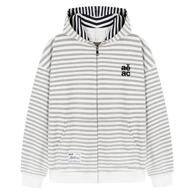 Unisex Oversized Hooded Zip-Up Sweatshirt With Striped Embroidery Detail Cotton Blend Fall Casual Wear